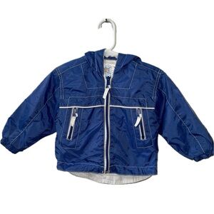Vintage Izzi Kids Boys Blue Hooded Windbreaker Jacket 6/9M Lined Full Zip Coat